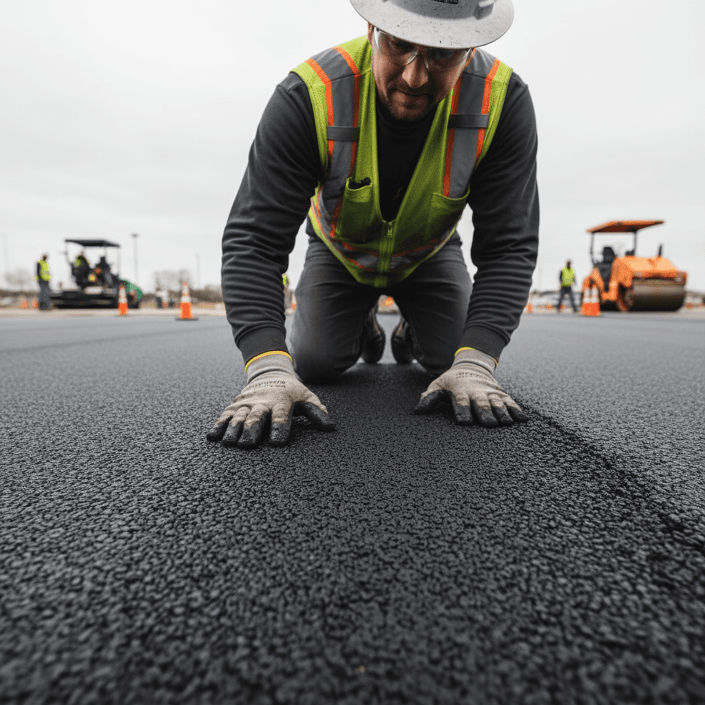 Construction worker kneeling to inspect newly laid asphalt surface, examining quality and texture with professional attention to detail