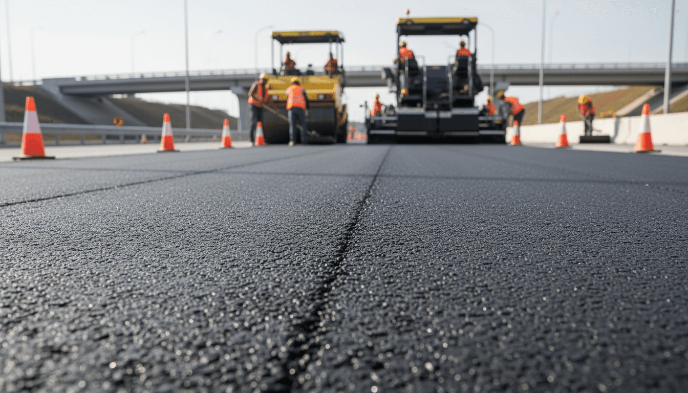 Freshly laid asphalt or concrete road surface with construction equipment and workers finishing the project