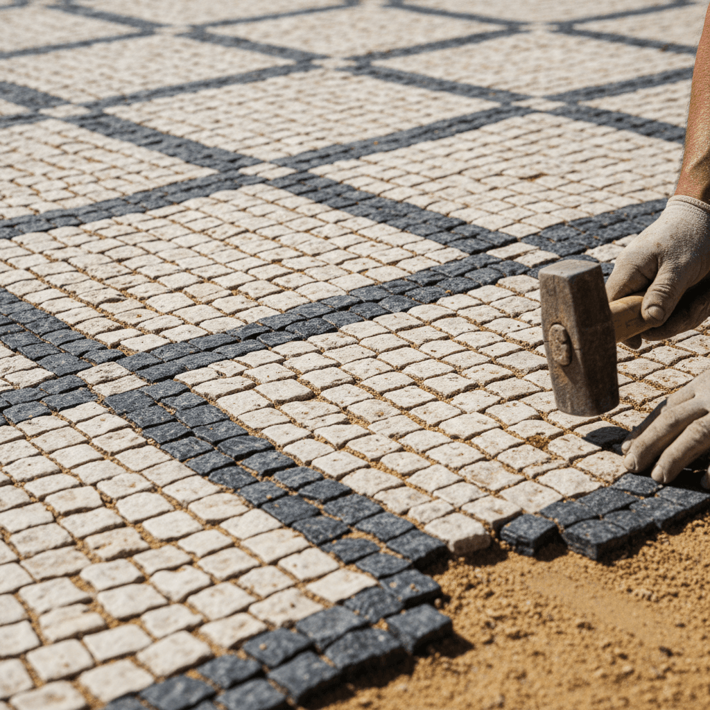 Cobblestone installation detail showing precision laying technique